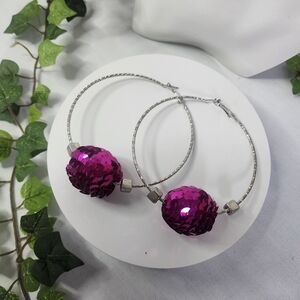 Large Silver Statement Hoop Earrings with Fuchsia Pink Sequin Disco Ball New